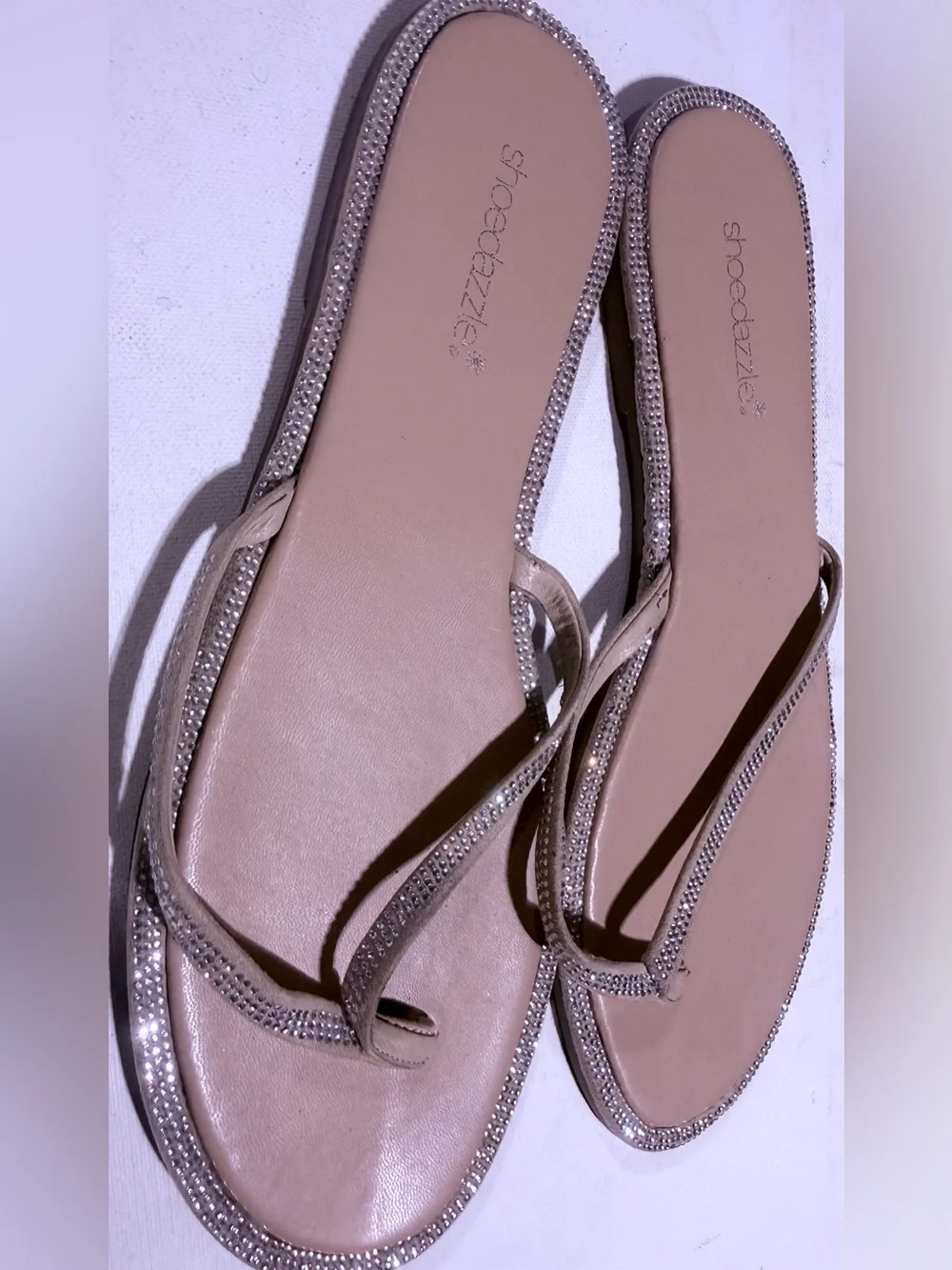 Shoe Dazzle Beige Rhinestone Toe-Loop Sandals